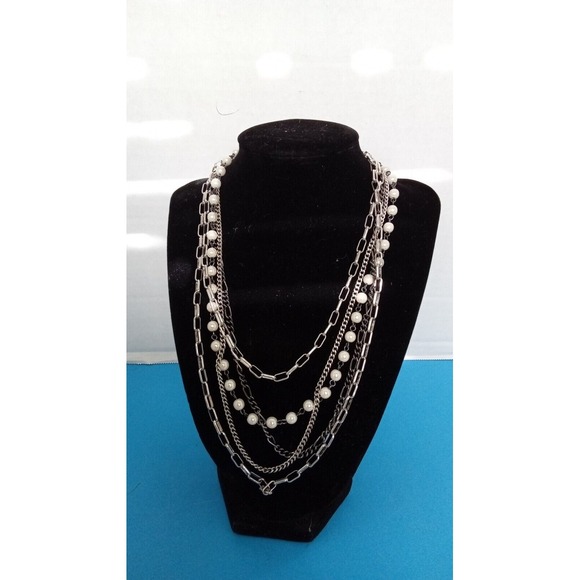 Layered Chain Necklace Faux Pearl Silver Tone Statement Fashion Jewelry - Picture 1 of 4